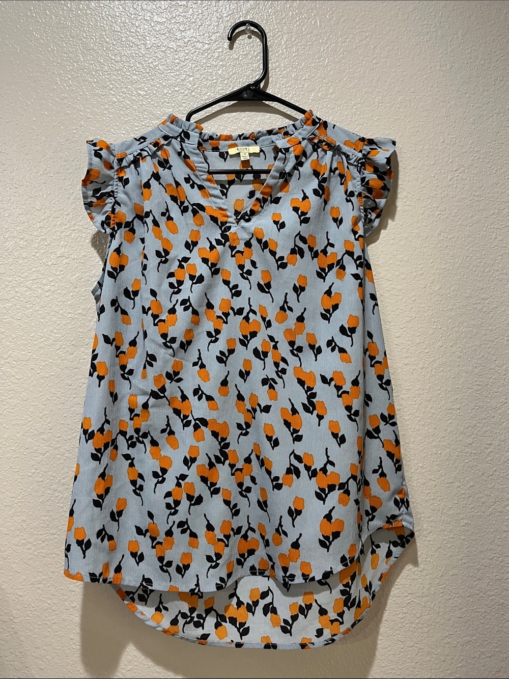 Kori Light Blue Sleeveless Tulip-Print Ruffle Neck Blouse Sz S Boho Chic TC0418